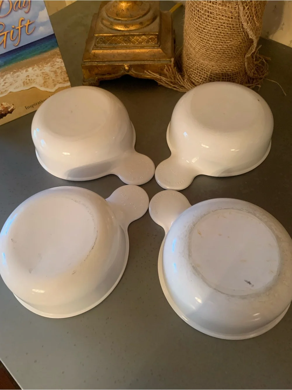 4 Corning Ware, SMALL grab it bowls with handles, can use in microwave.